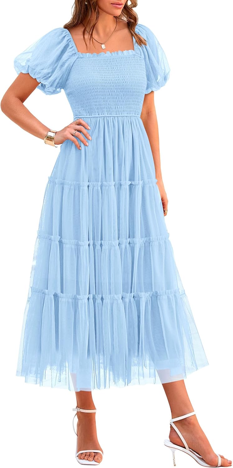 PRETTYGARDEN Women's Smocked Midi Tulle Dress for Summer Events