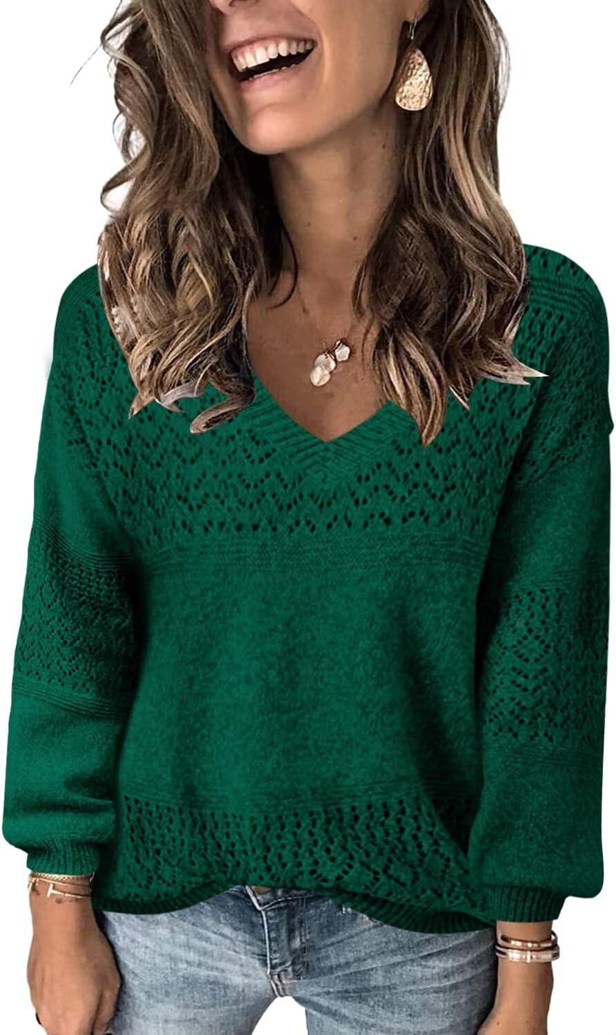 FEKOAFE Womens V Neck Long Sleeve Hollow Knit Pullover Sweater