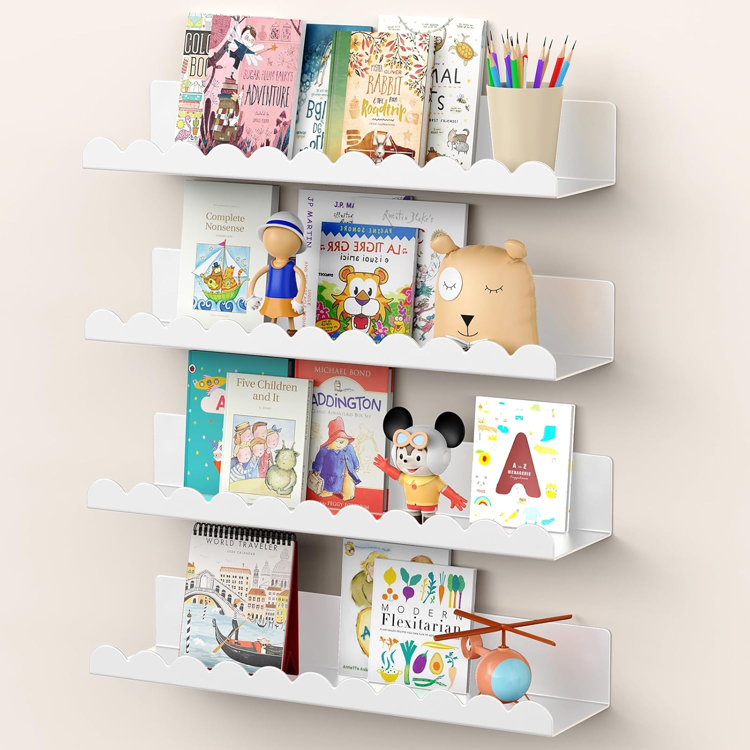 Nursery Book Shelves for Wall - 17 Inch White Metal Set