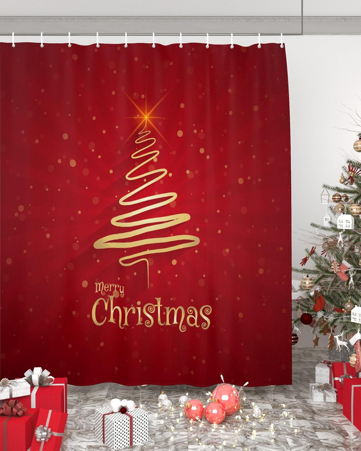 Golden Xmas Tree Holiday Shower Curtain Set
