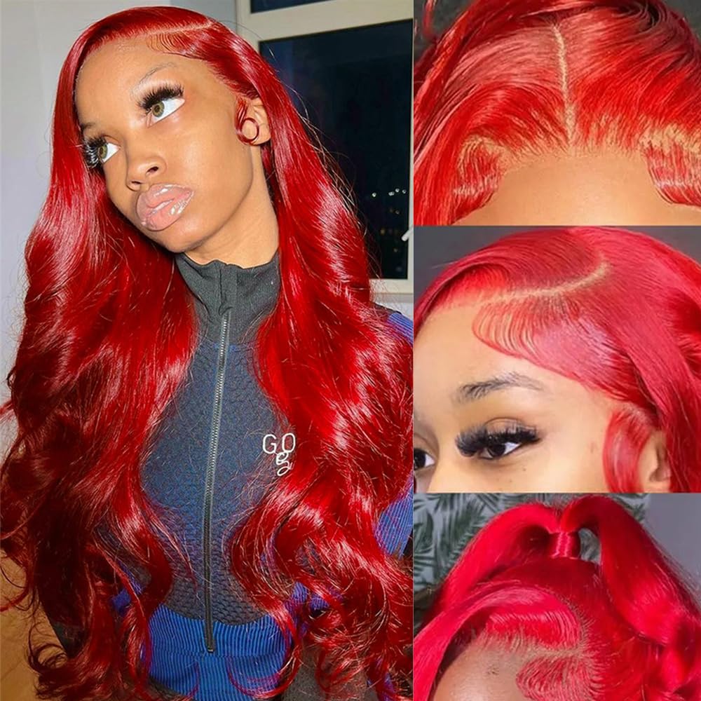 Long 32 Inch Red Lace Front Wigs Human Hair Body Wave Style