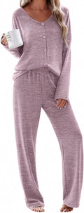 Ekouaer Womens Long Sleeve Pajama Set - Soft Ribbed Two-Piece Lounge