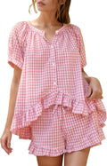 Flygo Womens Gingham Pajamas Set 2 Piece Cotton PJ Lounge Set