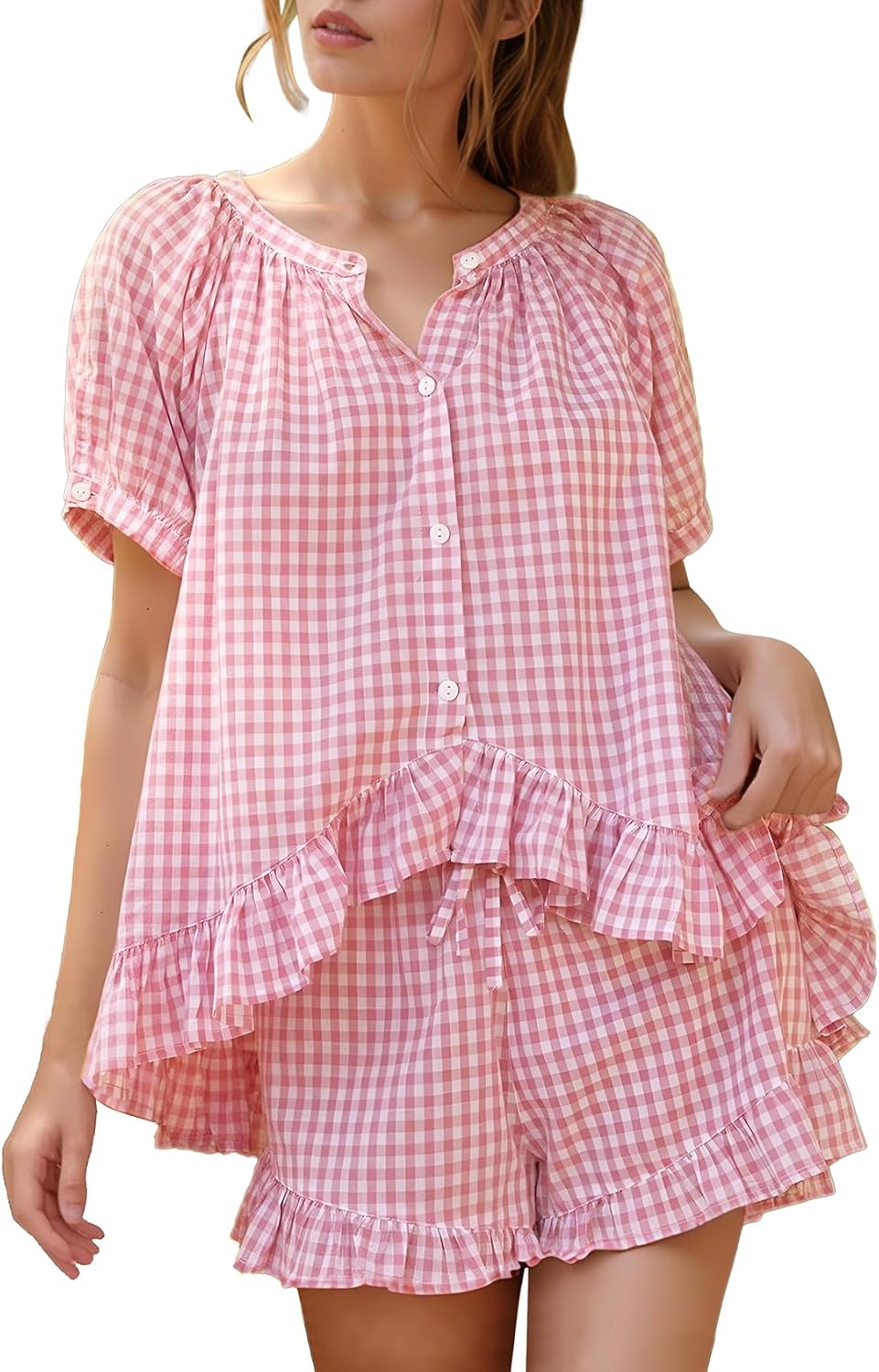 Flygo Womens Gingham Pajamas Set for Summer Comfort and Style