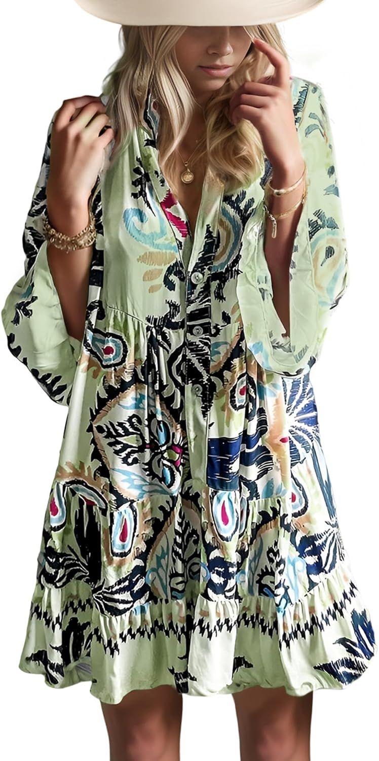 Summer Dresses for Women 2025 Flowy Ruffle V Neck Mini Dress