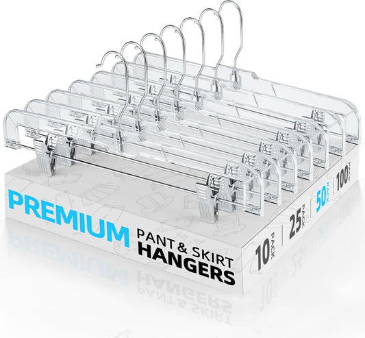 HOUSE DAY 50 Pack 14 Inch Clear Plastic Pants Hangers with Clips