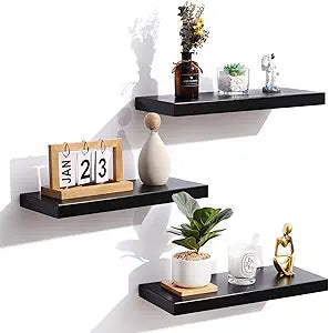 Floating Shelves Black Wood Wall Mounted Shelves Set of 3