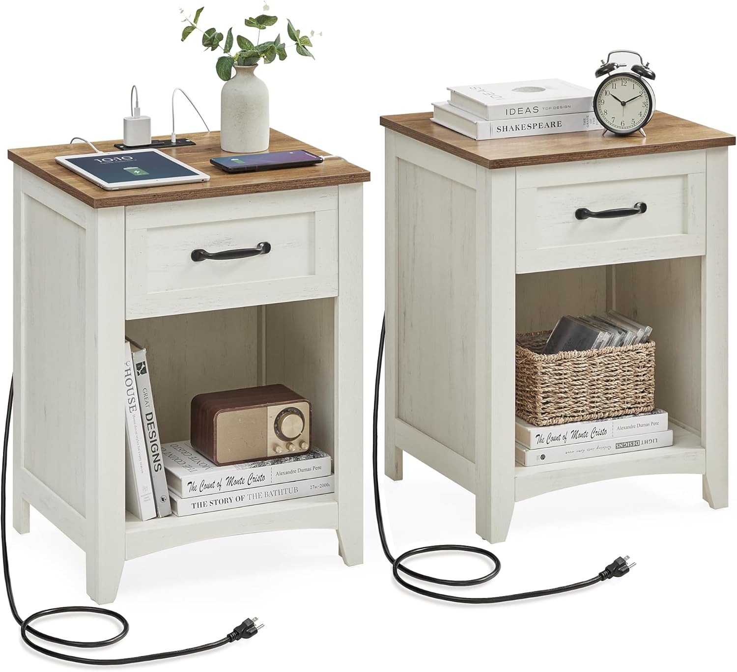 Farmhouse Nightstands with Charging Station - Set of 2 Stylish Tables