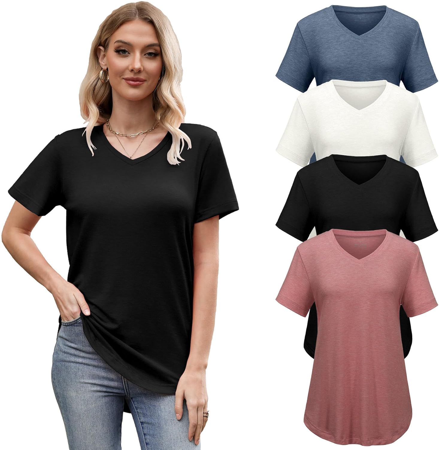 4 Pack Womens Tops Basic Summer V Neck T Shirts for Casual Wear