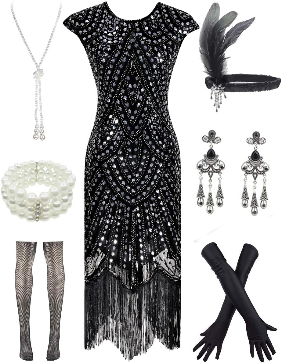Vintage Lace Fringed Gatsby 1920s Cocktail Dress with Accessories