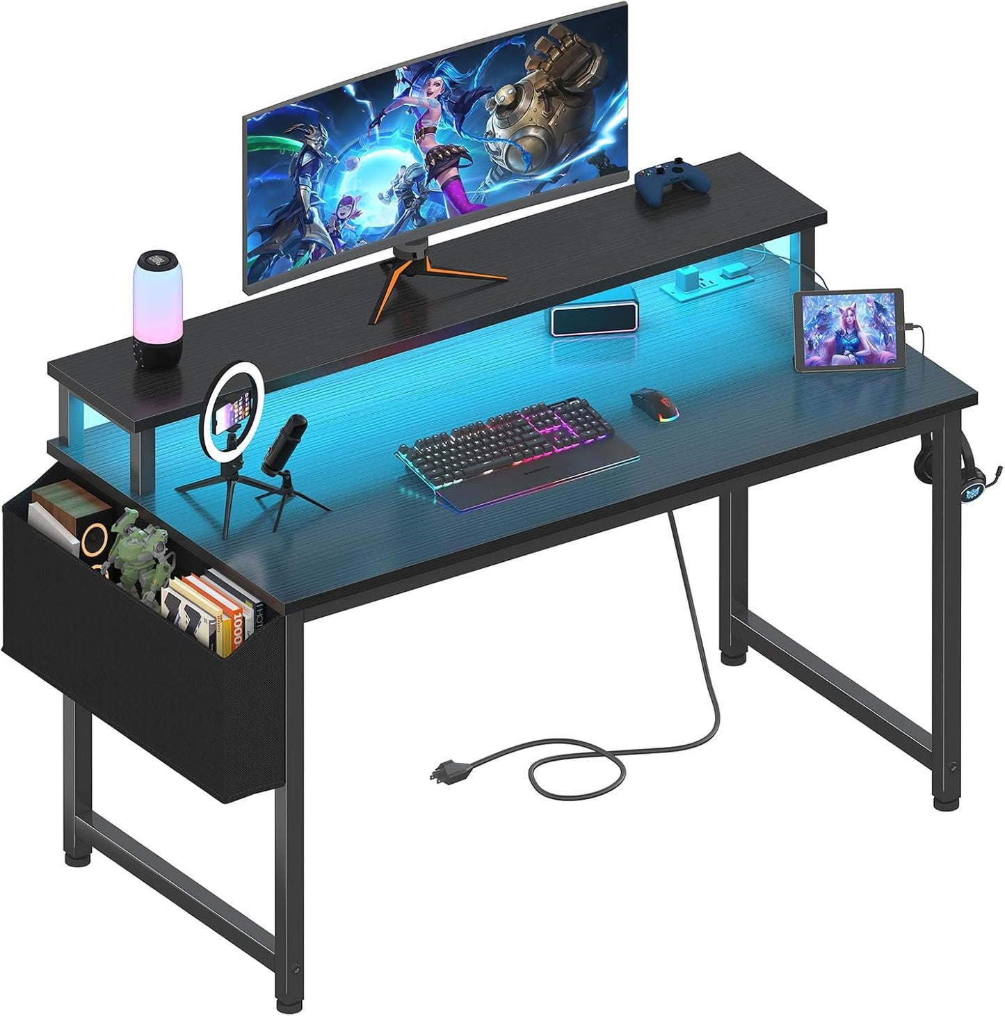 Lufeiya 40 Inch Gaming Desk with LED Lights & Power Outlets