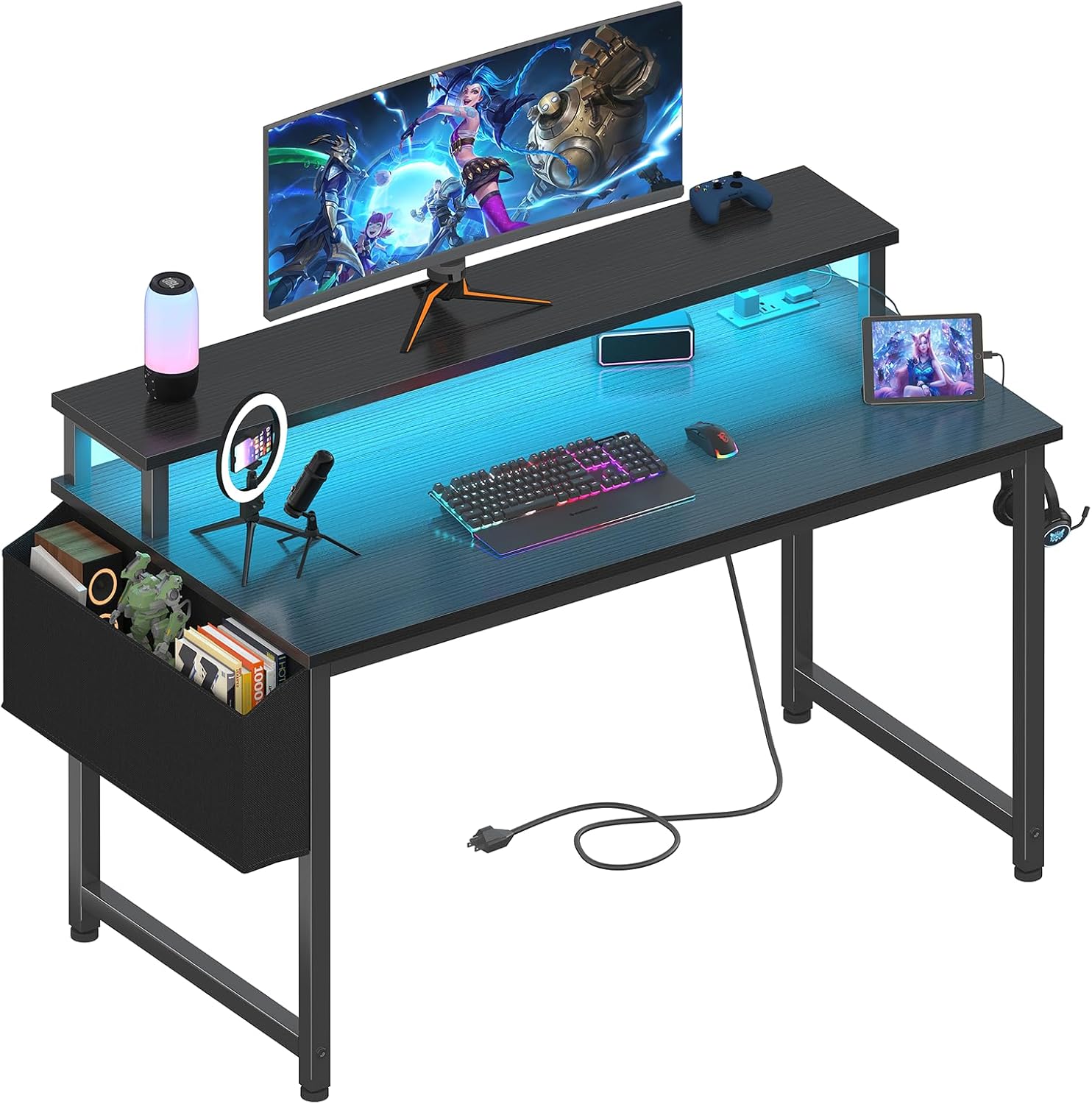 Lufeiya 40 Inch Gaming Desk with LED Lights & Power Outlets