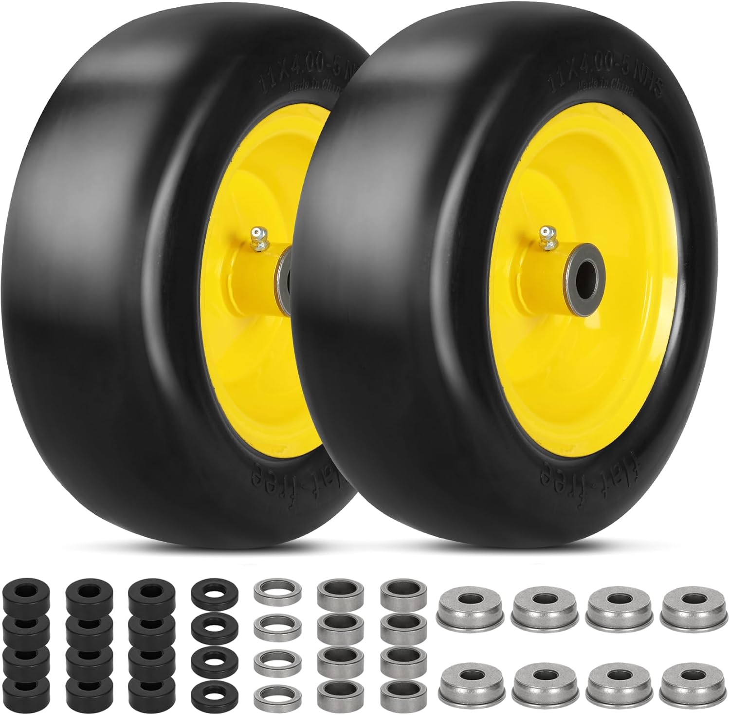11x4.00-5 Flat Free Lawn Mower Tires with Universal Adapter Kit