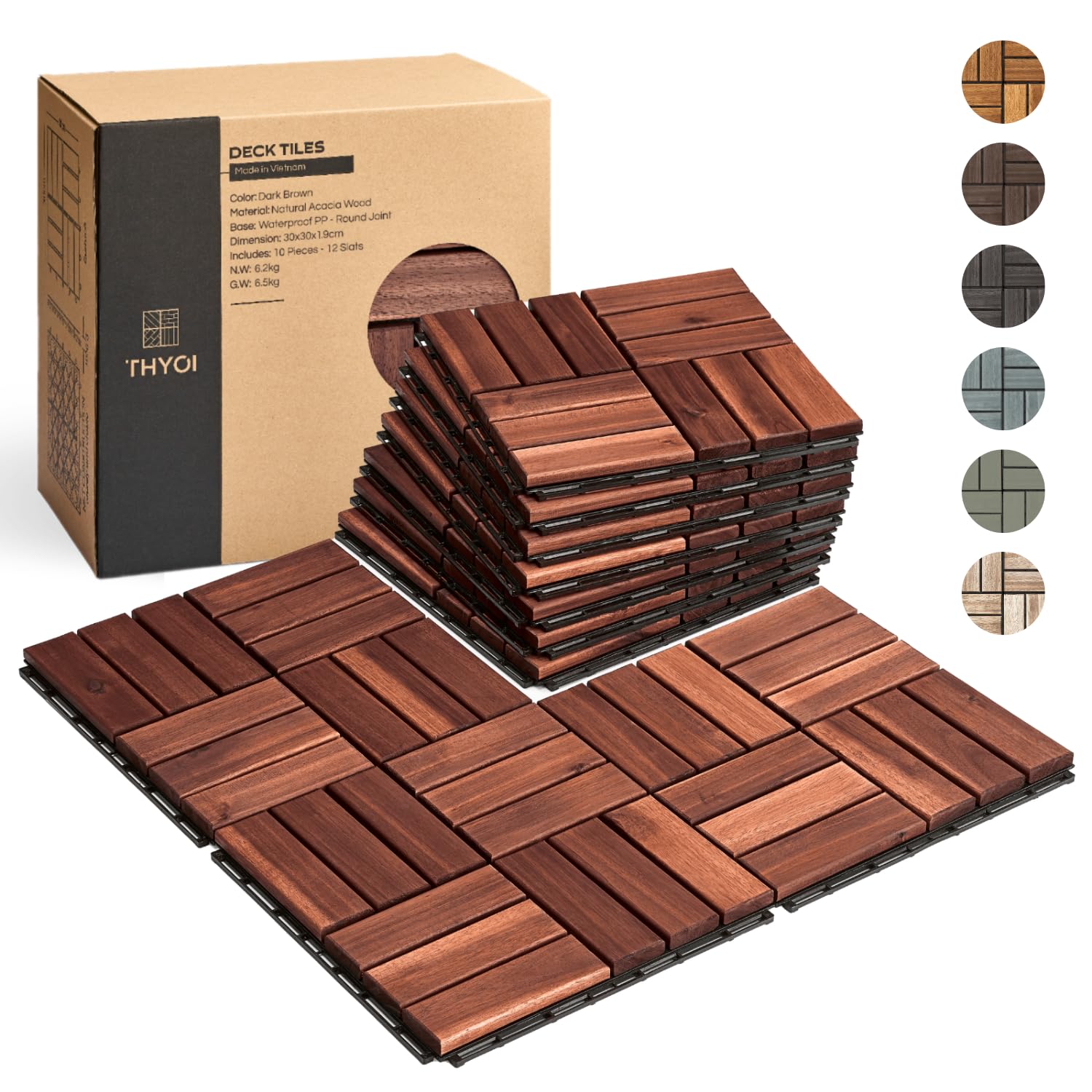 10 Pcs Outdoor Waterproof Acacia Wood Deck Tiles for All Weather