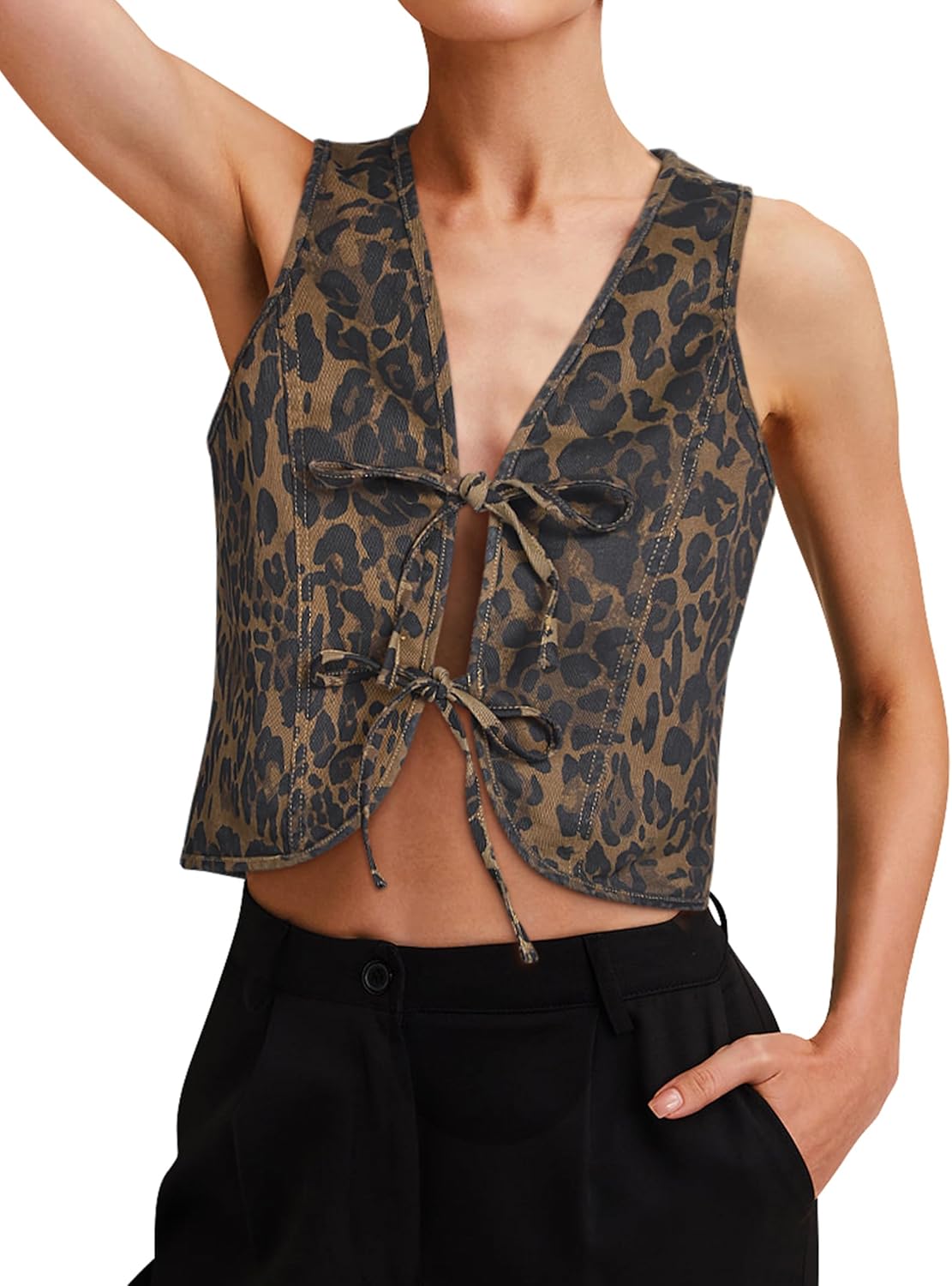 Womens Denim Vest Crop Sleeveless V Neck Retro Tie Up Top