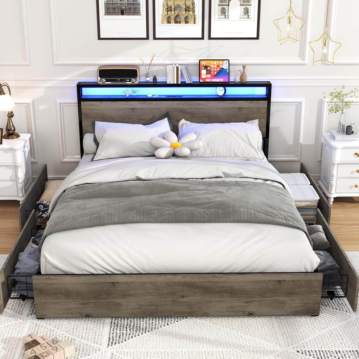 Queen Bed Frame with LED Lighting and Storage Drawers for Comfort