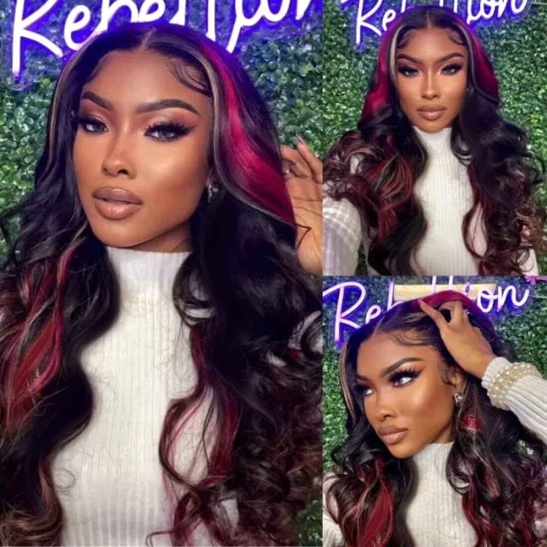 200% Density Glueless Wig with Black Red Blonde Highlights