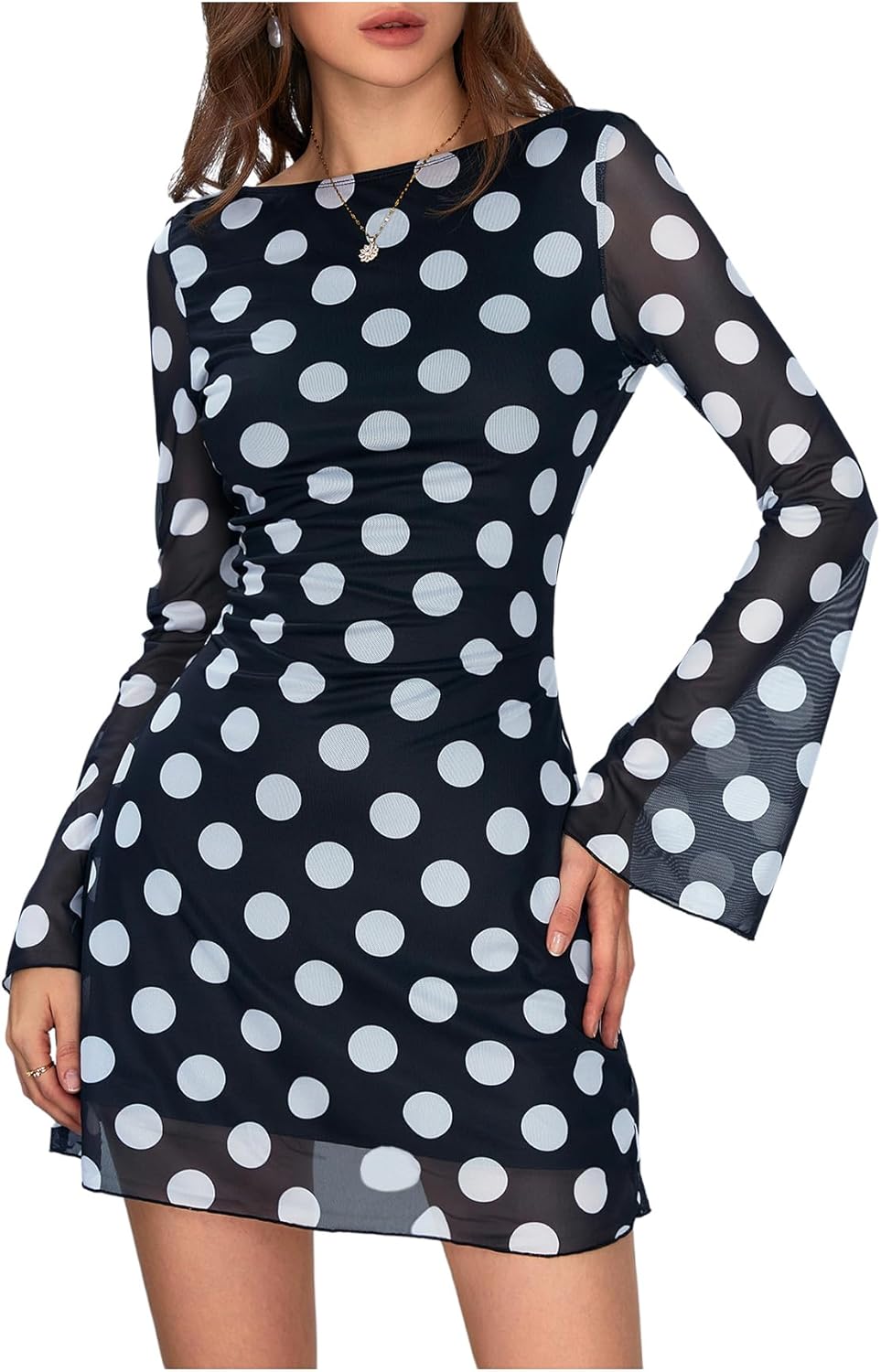 Leopard Print Dress for Women: Backless Mesh Bell Sleeve Mini