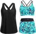 Women Blue Leaf 3-Piece Tankini Swimsuit - Tummy Control Set