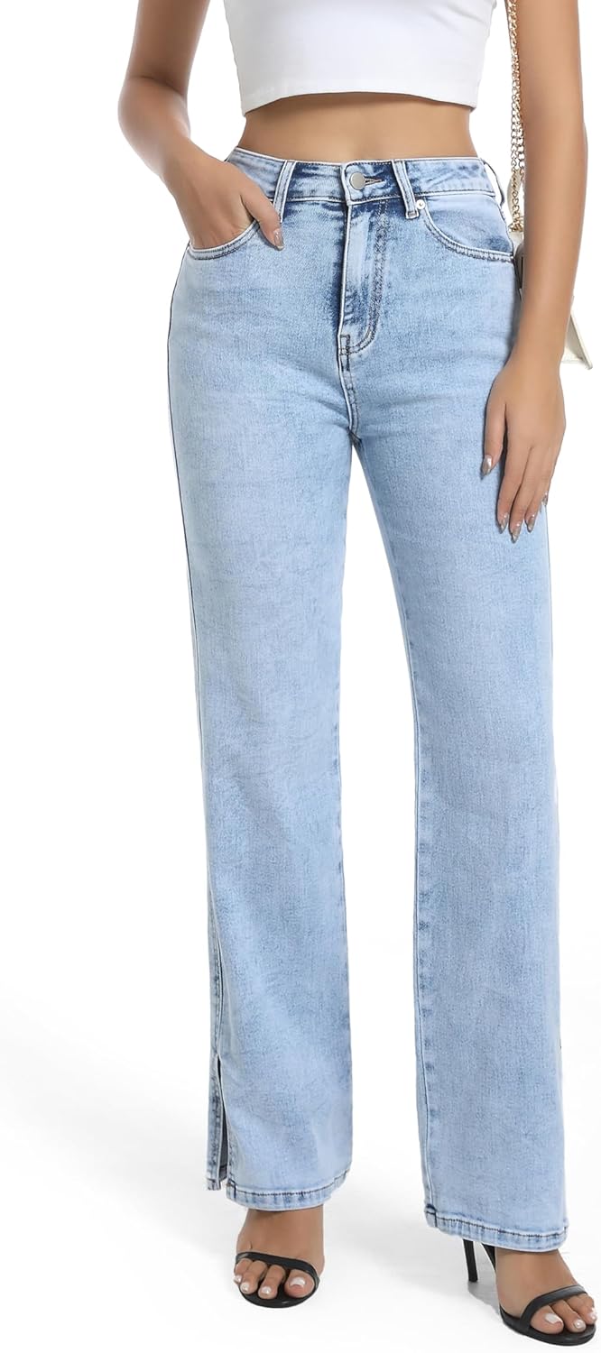 Womens High Waisted Stretchy Straight Leg Split Hem Jeans