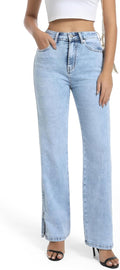 Womens Jeans High Waisted Stretchy Straight Leg Split Hem - Trendy Fit