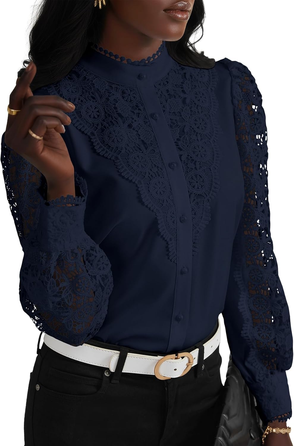 Elegant Women's Lace Crochet Mock Neck Long Sleeve Blouse Top