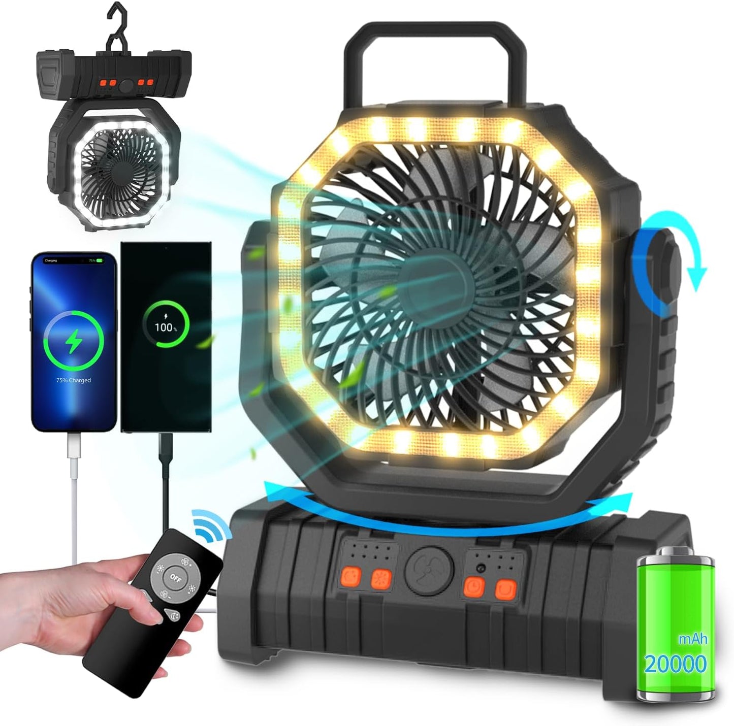 ADUST Portable Camping Fan with LED Light and Power Bank