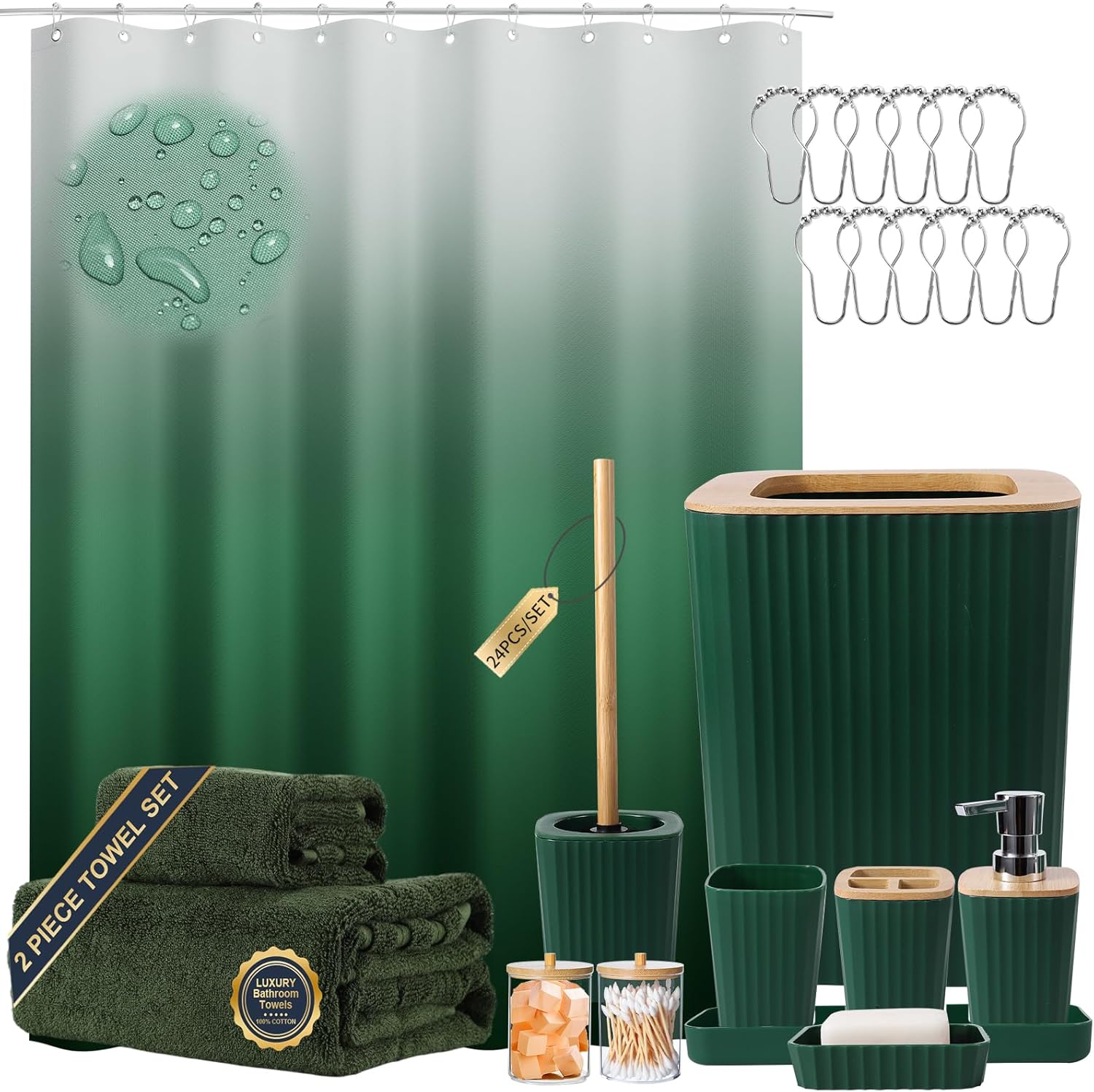 Dark Green Bathroom Set - Complete 24PCS Accessories for Home