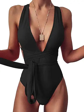 Lilosy Sexy Tie Criss Cross Plunge One Piece Thong Swimsuit