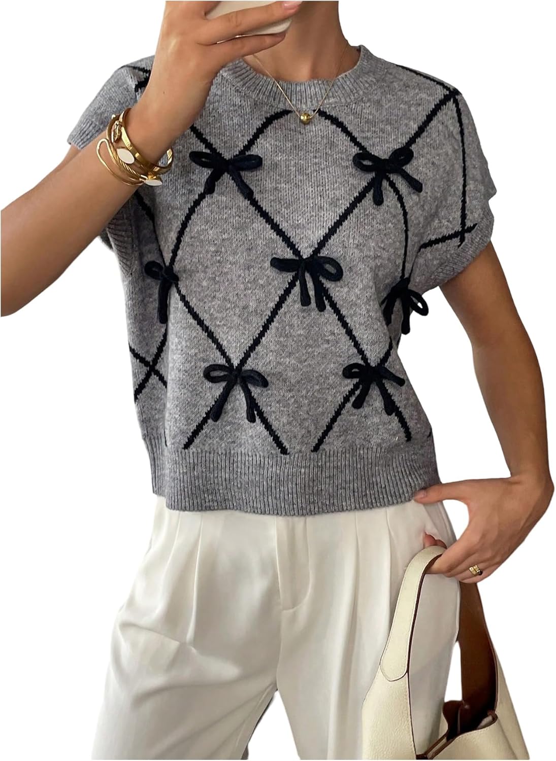 SOLY HUX Women's Ribbed Sweater Crew Neck Short Sleeve Top