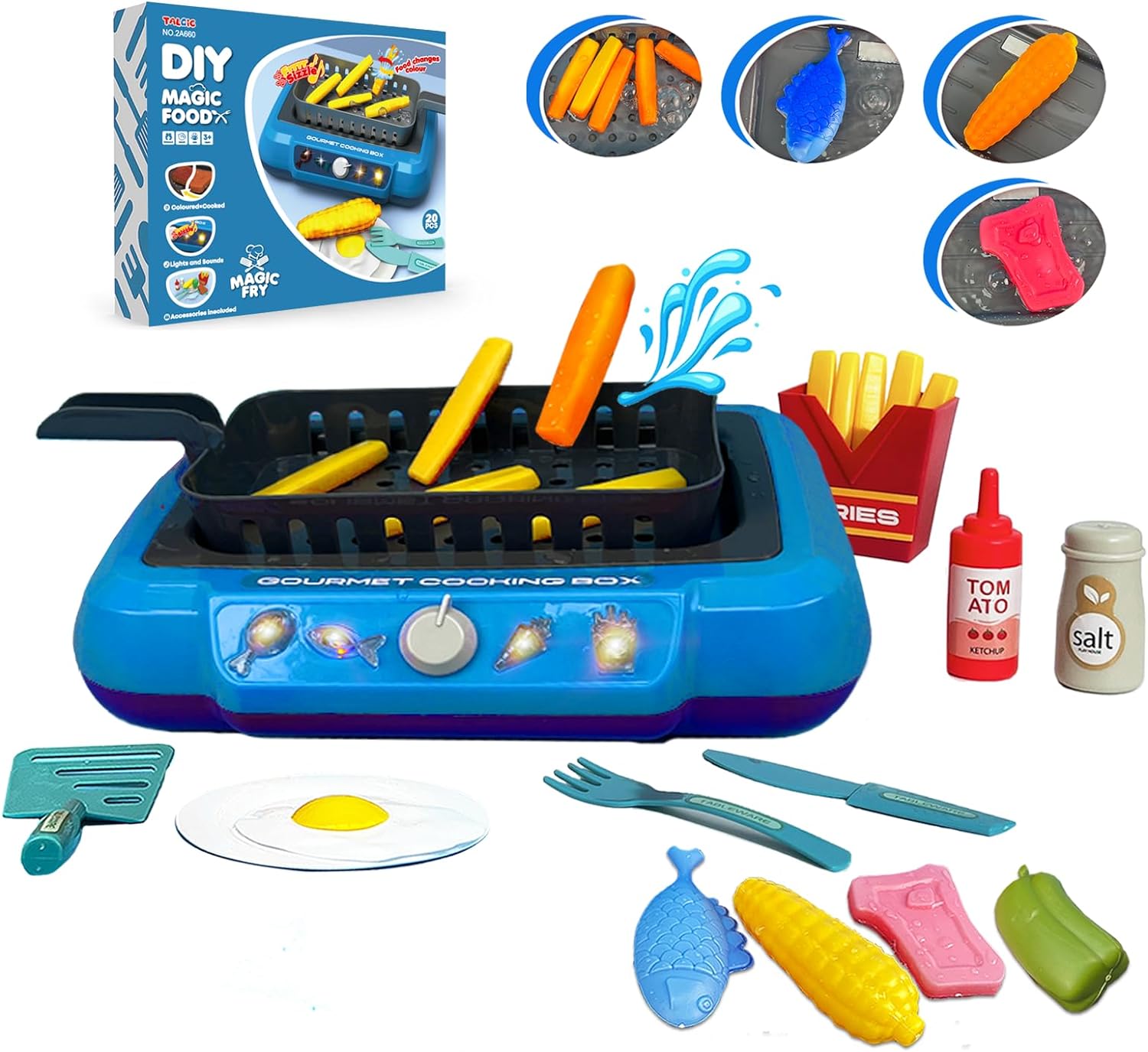 Magic Fry Cooking Toy Set - 20 PCS Color Changing Accessories, Sound & Light, Bubble Grill - Ages 3-8