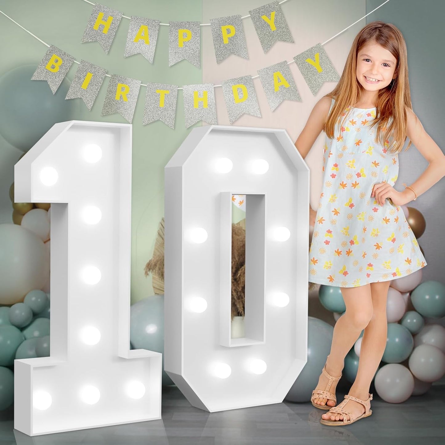 Large 3ft Light Up Number 10 Birthday Decoration for Parties