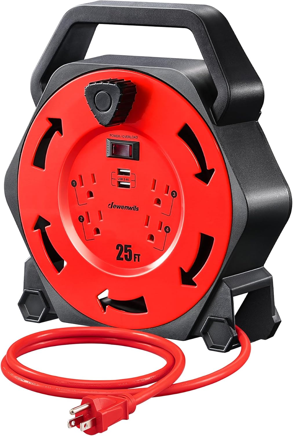 DEWENWILS Cord Reel with 4 Outlets and 2 USB Ports for Convenience