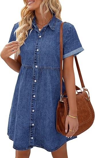 LookbookStore Women's Short Sleeve Button Down Flowy Denim Dress