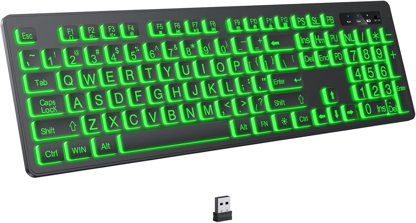 Large Print Backlit Wireless Keyboard with 7 Color Options