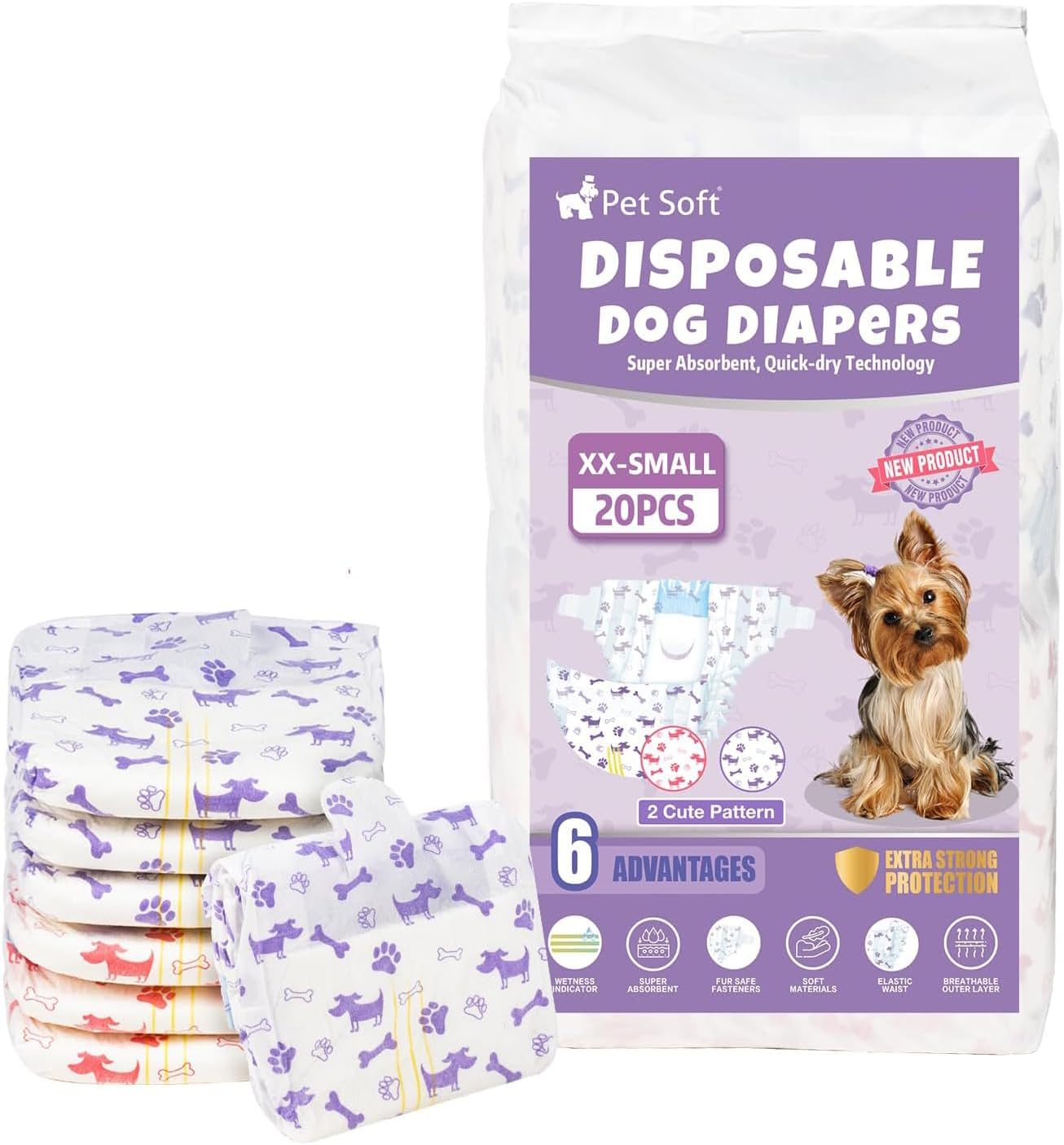 Super Absorbent Female Dog Diapers - Wetness Indicator, 20pcs XXS