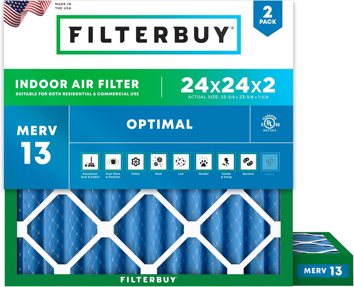 Filterbuy 24x24x2 Air Filter MERV 13 for Smoke & Allergy Defense