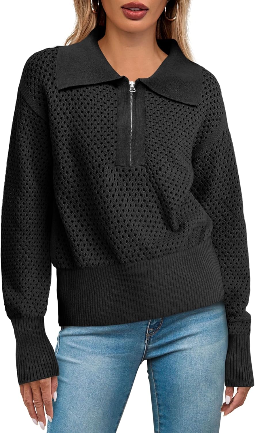Women's Half Zip Pullover Sweater with Crochet Collar Design
