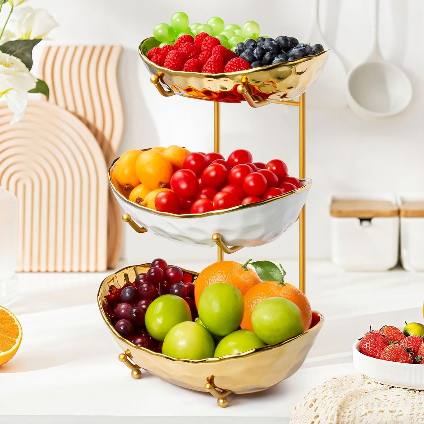 Elegant 3 Tier Fruit Bowl with Metal Stand for Kitchen Counter