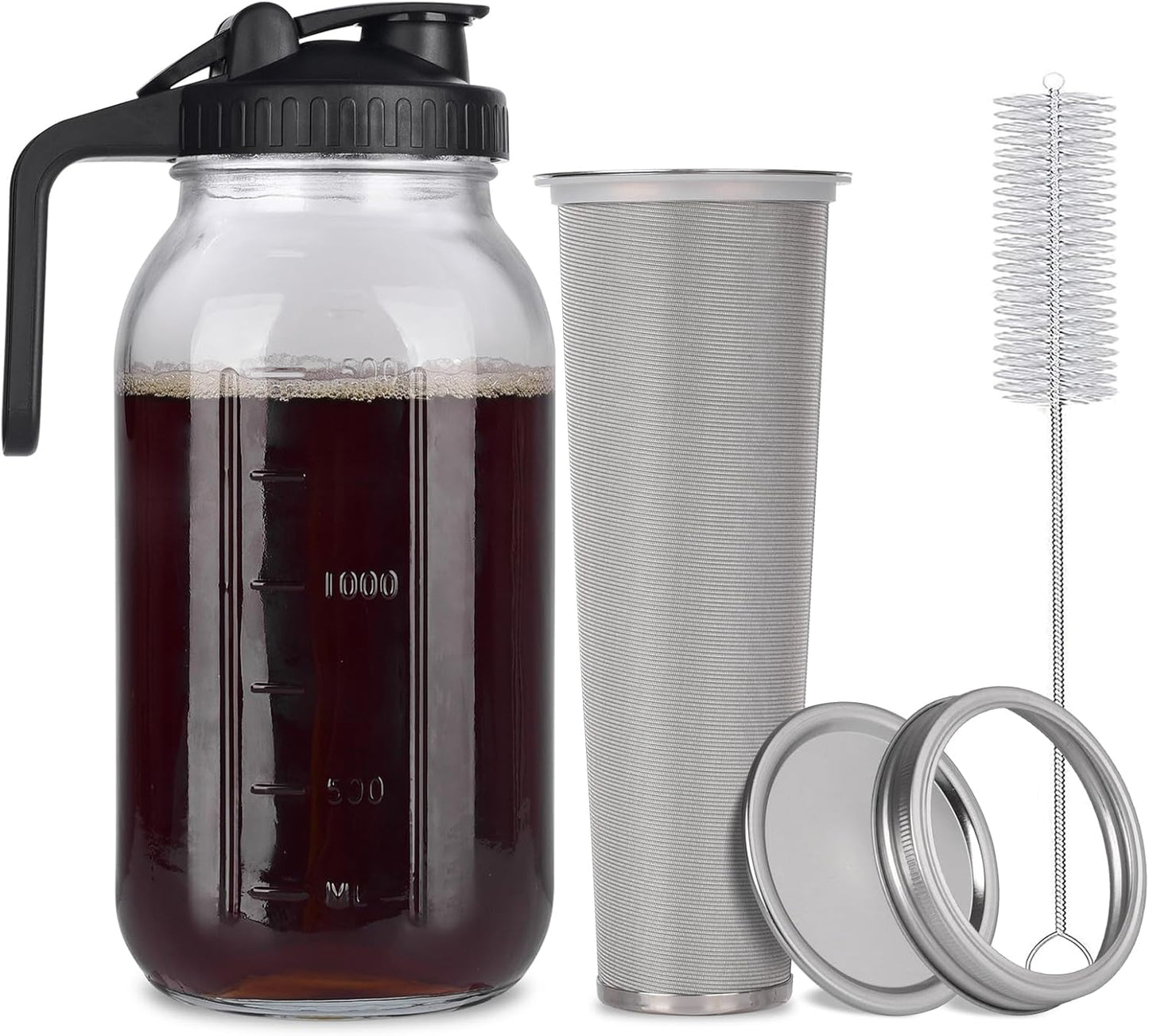 Durable 64 oz Cold Brew Mason Jar with Stainless Steel Filter
