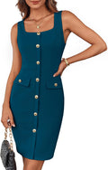 Women's Buttons Belted Square Neck Midi Dress - Business Bodycon