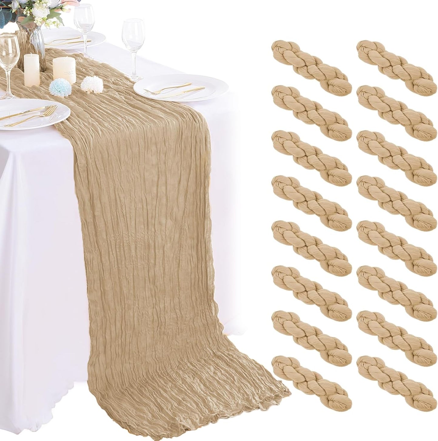 16PCS Beige Cheesecloth Table Runner for Rustic Wedding Decor