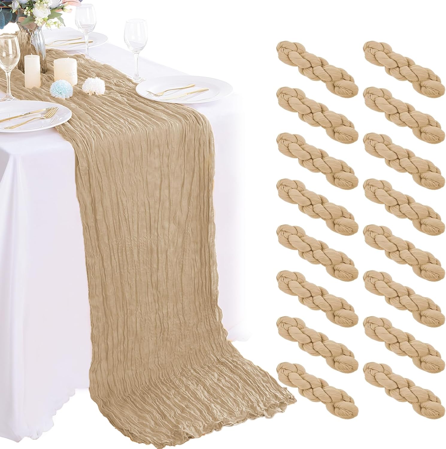 16PCS Beige Cheesecloth Table Runner for Rustic Wedding Decor