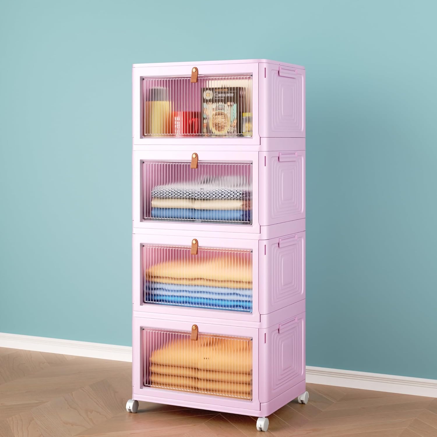 4 Tier Stackable Plastic Storage Bins with Lid and Wheels