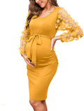 Floral Mesh Bishop Long Sleeve Maternity Midi Dress - Elegant Fit