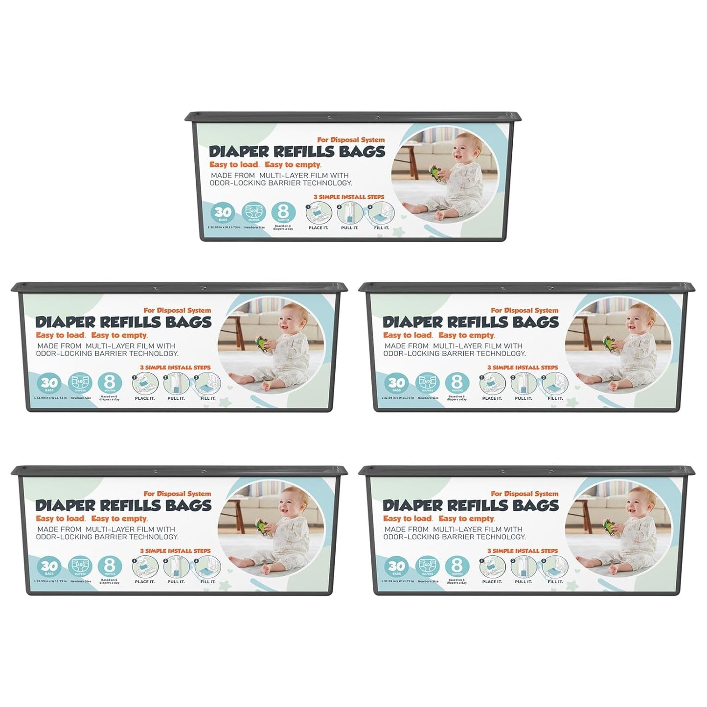 Diaper Pail Refills Bags for Genie Easy Roll Pails - 150 Count