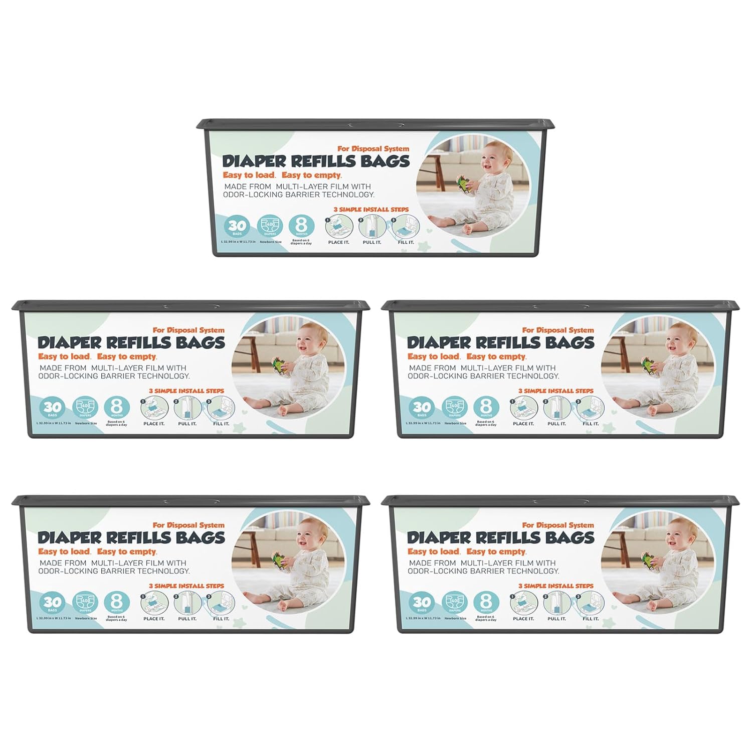 Diaper Pail Refills Bags for Genie Easy Roll Pails - 150 Count