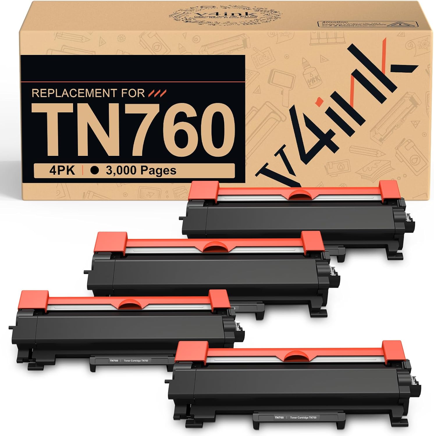 v4ink TN760 Toner Replacement for Brother Printers - 4 Pack