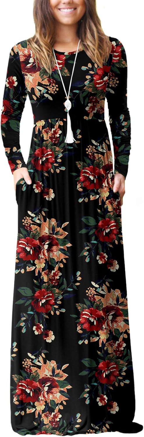 GRECERELLE Women Long Sleeve Casual Maxi Dress with Pockets