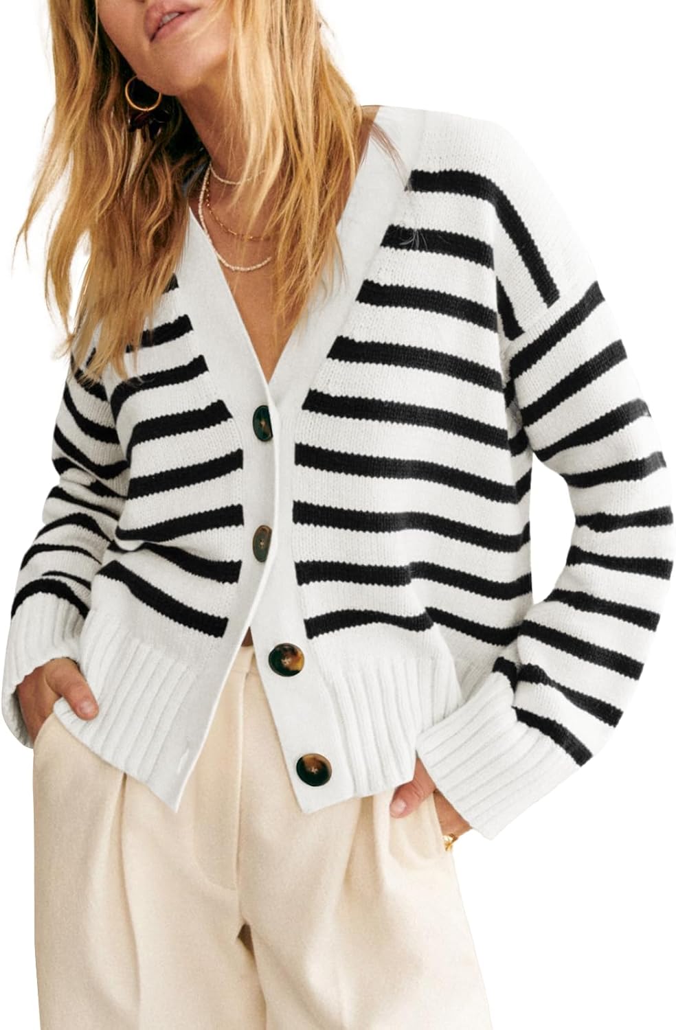 Womens Striped Cardigan Sweaters V Neck Button Down Long Sleeve